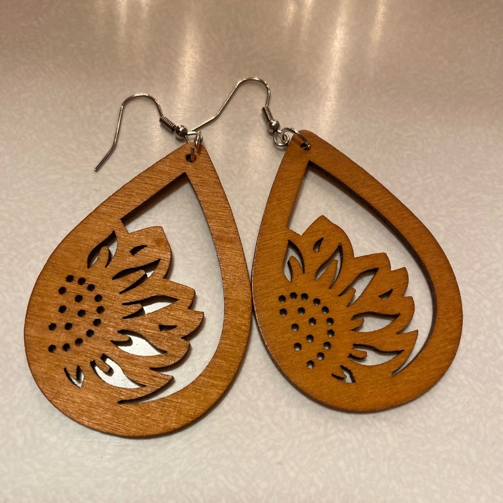 Sunflower Design Wood Earrings